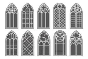 Gothic church windows. Vector architecture arches with glass. Old castle and cathedral frames. Medieval stained interior design. Vintage illustration
