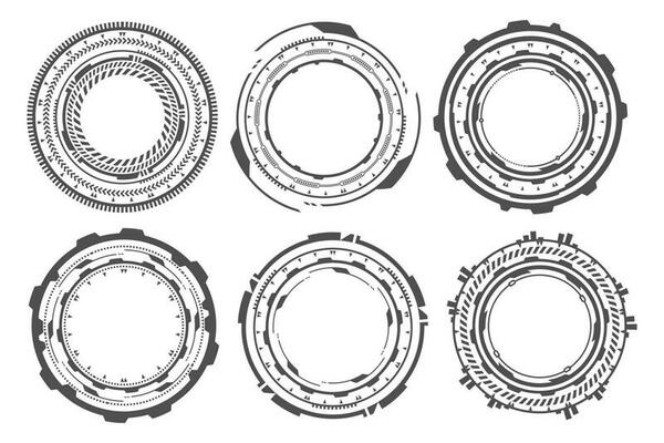 HUD tech circles for digital technology games design. Graphic elements for cyber interface. Round ui frames. Circular vector abstract icons.