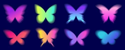 Y2k gradient butterfles. Holographic soft aura. Blurred aesthetic shapes. Vector sticker set