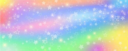 Unicorn rainbow background with glitter stars. Cute nagic pastel pattern. Magic dreaming holographic sky. Vector