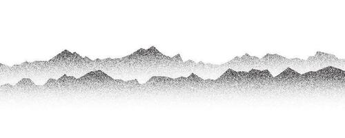 Dotted mountain gradient background. Noisy stippled grainy texture. Abstract rocks landscape with peaks with sand effect. Vector halftone fade illustration