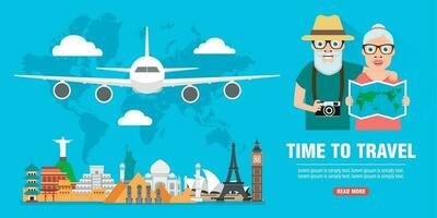 Time to travel. Journey of grandparents concept design flat banner vector