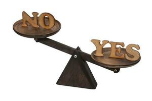 Conceptual photo about decisions. Decide between yes and no in English. Yes weighs more.