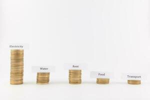 Big expenses on electricity. Coin stacks isolated in white background with labels photo