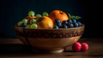 un de madera cuenco con frutas ai generado foto