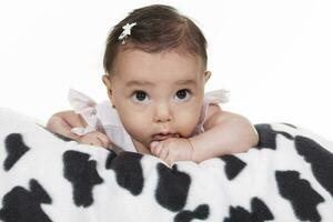 Baby girl  lying down on a cow pattern blanket photo