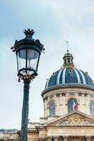 Street lamp with love locks next to the Institute of France in Paris photo