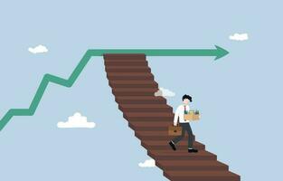 Changing career path due to no further career advancement, resignation from lack of growth opportunity, quitting job concept, Businessman stepping down stair from graph that stop growing. vector