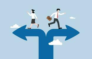 Breakup of business partner, project team dissolution, conflict of interest, disagreement of opinion concept, Businessman and businesswoman walking in opposite directions of split arrow. vector