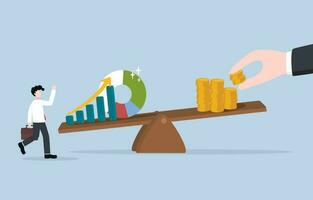 Wage or salary increase due to better work result,  compensation for skill development, career growth concept, Hand putting more coins to balance employee performance chart on seesaw. vector