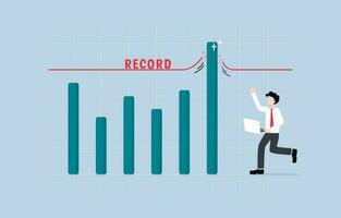 Record breaking sales, earning exceed expectation, surpassing business target concept, Cheerful businessman seeing bar graph breaking through record line. vector