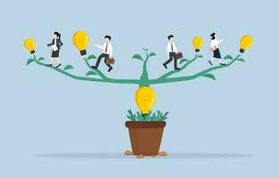 Implement ideas to expand business, applying concept to work, studying more knowledge for career development concept, Businesspersons walking along branches to light bulb tips of idea light bulb tree. vector