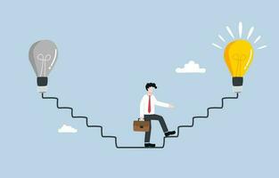 Idea change to improve business, disruptive innovation concept, Businessman stepping up electricity line as stair to bright light bulb after walking down from old light bulb. vector