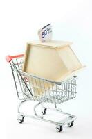 Buying a new house concept. House shaped money box into a shopping cart photo