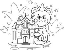 Coloring page. Bear Princess. Magic and joy in a vector illustration of a bear with a crown, dress, and colorful princess castle