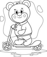 Coloring page. Cheerful Bear on a Scooter. Vector illustration of a bear in pants and a shirt, full of joy and movement