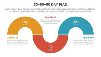 30-60-90 día plan administración infografía 3 punto etapa modelo con circular forma medio circulo concepto para diapositiva presentación vector