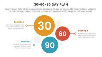 30-60-90 día plan administración infografía 3 punto etapa modelo con vertical circulo dirección concepto para diapositiva presentación vector