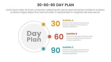 30-60-90 día plan administración infografía 3 punto etapa modelo con circulo y conectando contenido concepto para diapositiva presentación vector