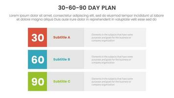 30-60-90 día plan administración infografía 3 punto etapa modelo con 3 bloquear fila rectángulo contenido concepto para diapositiva presentación vector