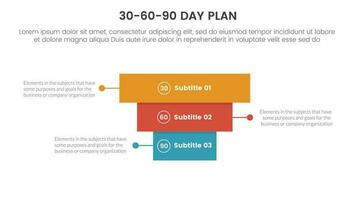 30-60-90 día plan administración infografía 3 punto etapa modelo con rectángulo pirámide hacia atrás concepto para diapositiva presentación vector