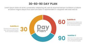 30-60-90 día plan administración infografía 3 punto etapa modelo con circulo tarta gráfico diagrama cortado contorno concepto para diapositiva presentación vector