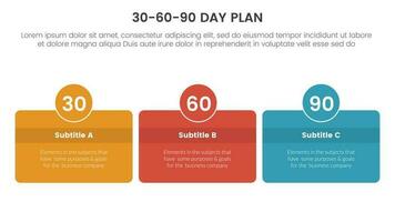 30-60-90 day plan management infographic 3 point stage template with box and circle badge horizontal concept for slide presentation vector