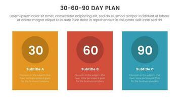 30-60-90 día plan administración infografía 3 punto etapa modelo con vertical rectángulo caja concepto para diapositiva presentación vector