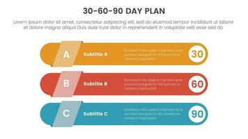 30-60-90 día plan administración infografía 3 punto etapa modelo con largo redondo rectángulo forma concepto para diapositiva presentación vector