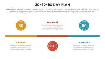 30-60-90 día plan administración infografía 3 punto etapa modelo con pequeño circulo cronograma equilibrar concepto para diapositiva presentación vector