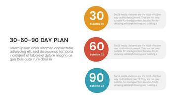 30-60-90 day plan management infographic 3 point stage template with vertical circle shape direction concept for slide presentation vector