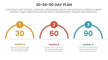 30-60-90 day plan management infographic 3 point stage template with half circle shape concept for slide presentation vector