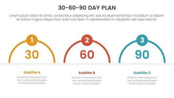 30-60-90 day plan management infographic 3 point stage template with half circle shape concept for slide presentation vector