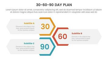 30-60-90 day plan management infographic 3 point stage template with vertical honeycomb shape layout concept for slide presentation vector