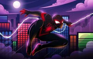 superhéroe con araña traje soga en el ciudad vector
