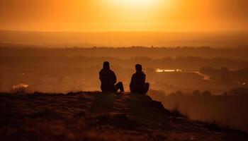 Silhouette of couple embracing in serene sunset generated by AI photo