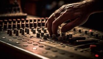 Hand sliding knob on mixer in nightclub performance generated by AI photo