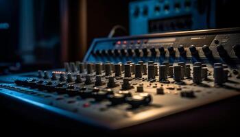 Sound engineer adjusting electric mixer in recording studio generated by AI photo