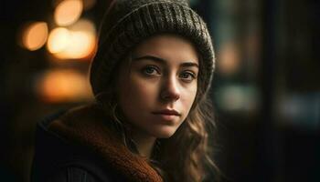 Young woman in winter cap smiles confidently outdoors generated by AI photo