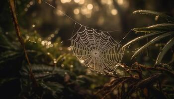 Spider web glistens in dewy autumn forest generated by AI photo