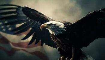 majestuoso calvo águila volador con untado alas generado por ai foto