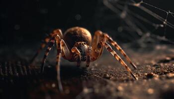 Spooky arachnid crawling on small spider web generated by AI photo