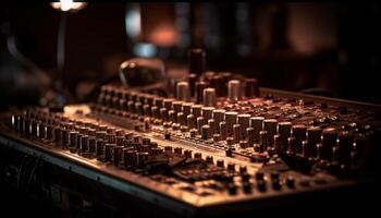 Producer adjusts sound levels on mixing desk generated by AI photo