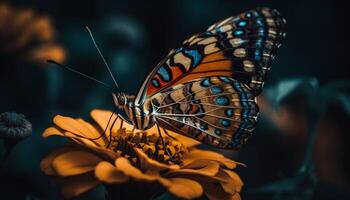 Vibrant butterfly wing pattern on yellow flower generated by AI photo