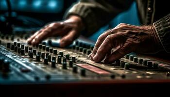 Expert sound engineer adjusts mixer in nightclub performance generated by AI photo
