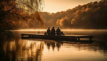Two adults enjoy tranquil sunset on water generated by AI photo