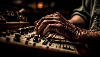 Old musician hand playing antique piano keys generated by AI photo