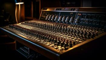 Sound engineer adjusts knobs on mixing console generated by AI photo