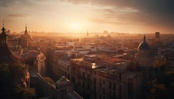 Silhouette of city skyline, backlit by sunset generated by AI photo