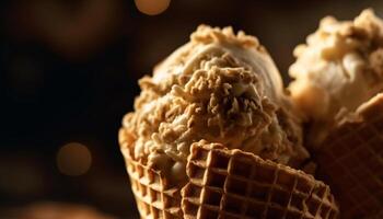 indulgente hielo crema cono con chocolate gofre generado por ai foto